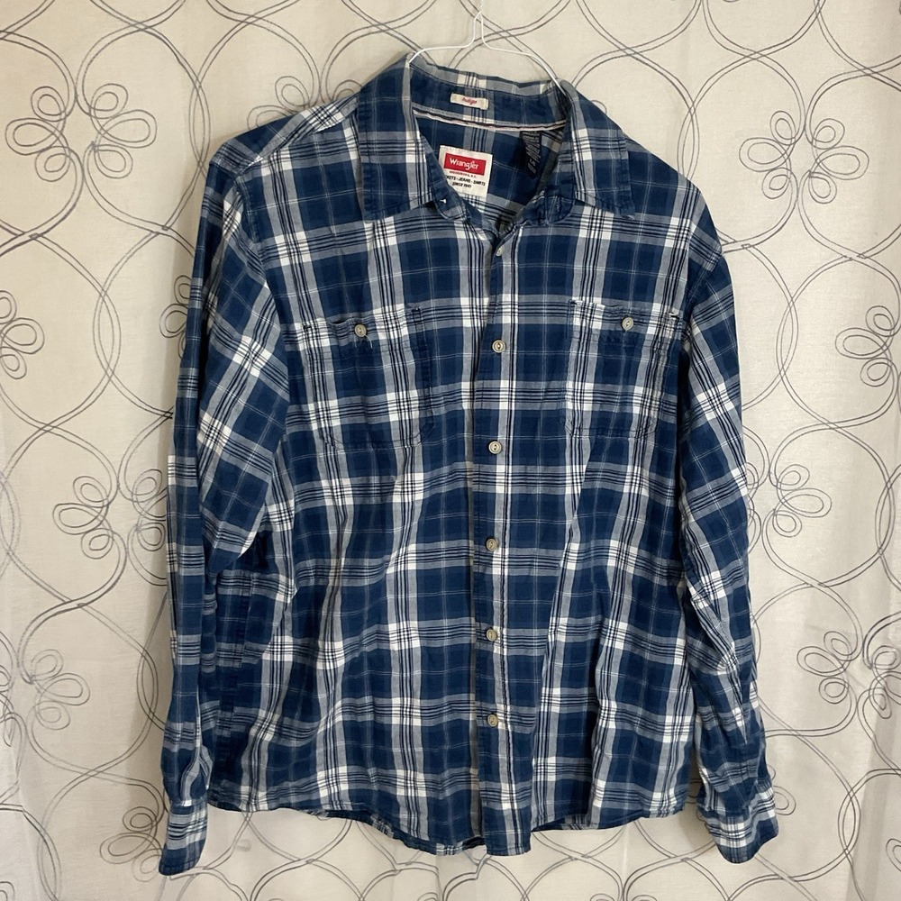 Men's Wrangler Indigo Shirt Blue White Plaid Long Sleeve Button Up Size Large